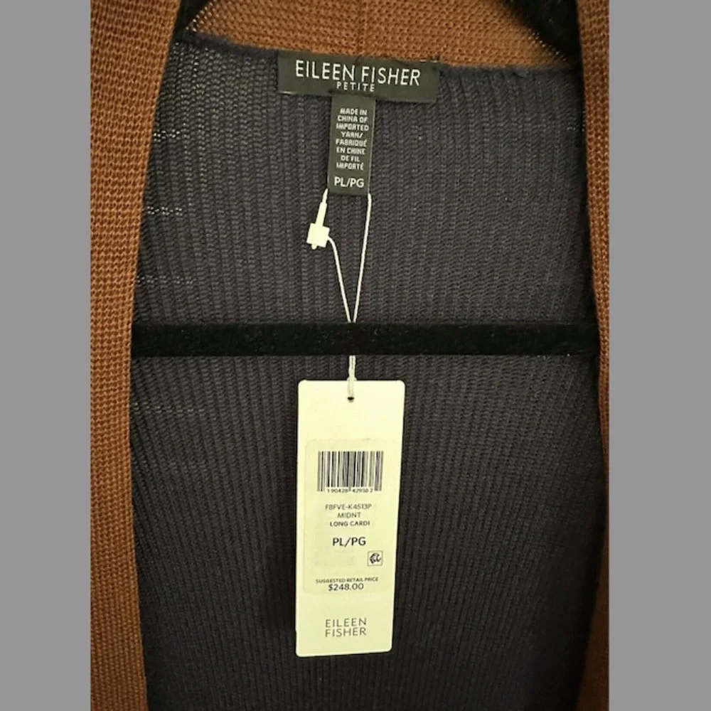 NWT Eileen Fisher Long Open Cardigan Navy/Brown Stripe - Petite Large ($… - Picture 3 of 5